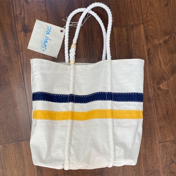 NWT Sea Bags Medium Tote White, Navy & Yellow - Picture 2 of 6